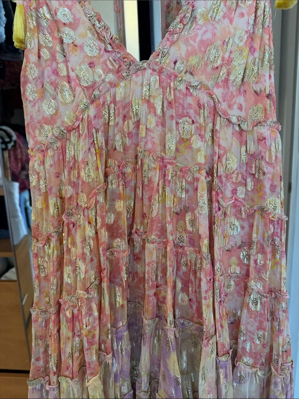 Pink Shimmer Floral Tie-Shoulder Sundress with Yellow Tassels